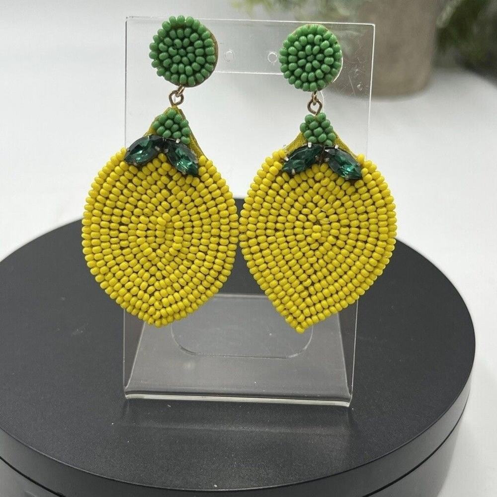 Lemon Hand Made Yellow Green Seed Beads Dangle Pierced Green Rhinestone Earrings